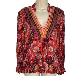 Anthropologie Bl-nk London Stephanie Red Floral Top V-neck Petite XS XSP